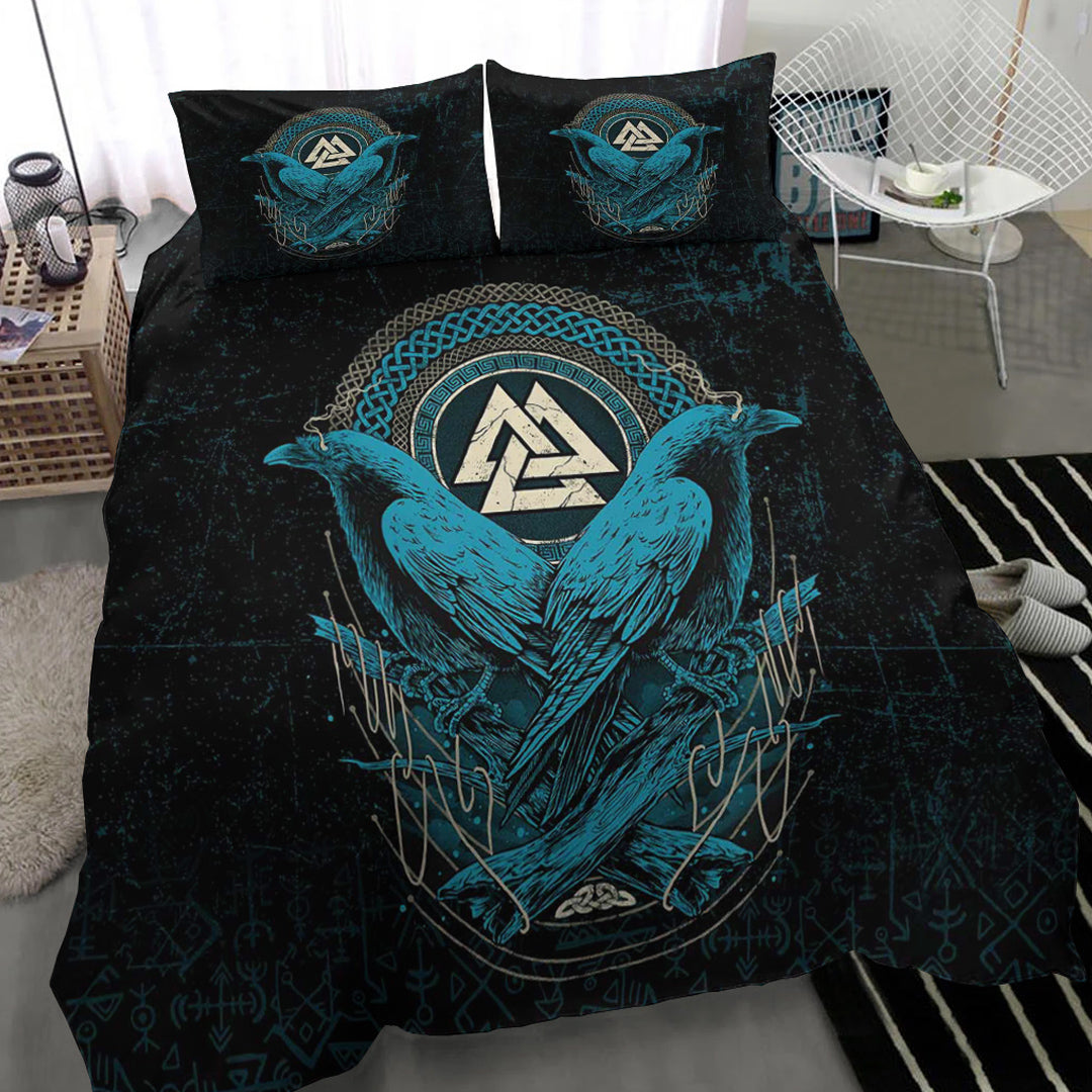 Viking Bedding Set Huginn and Muninn Valknut Cyan Style