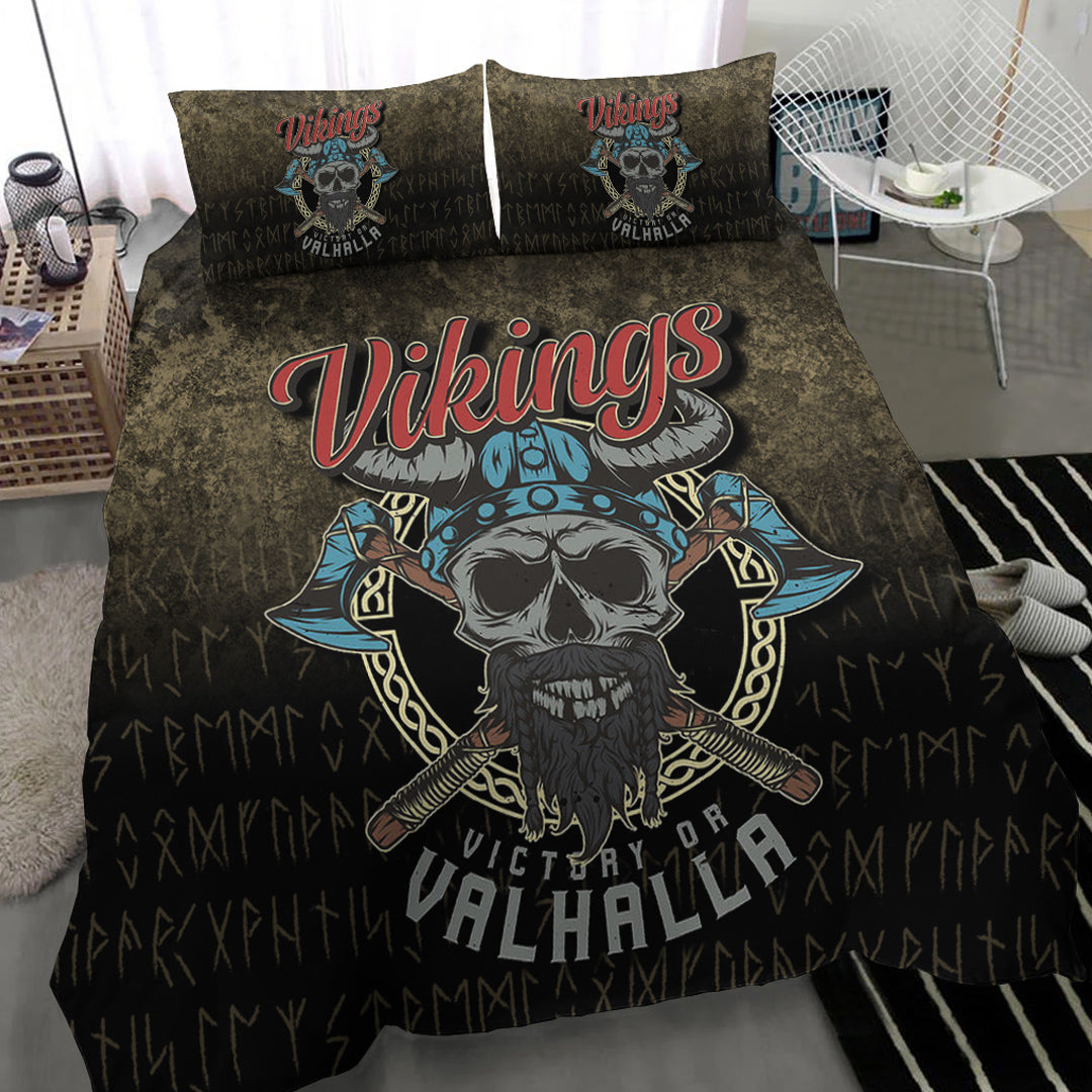 Viking Bedding Set Vikings Victory or Valhalla Skull With Crossed Axe