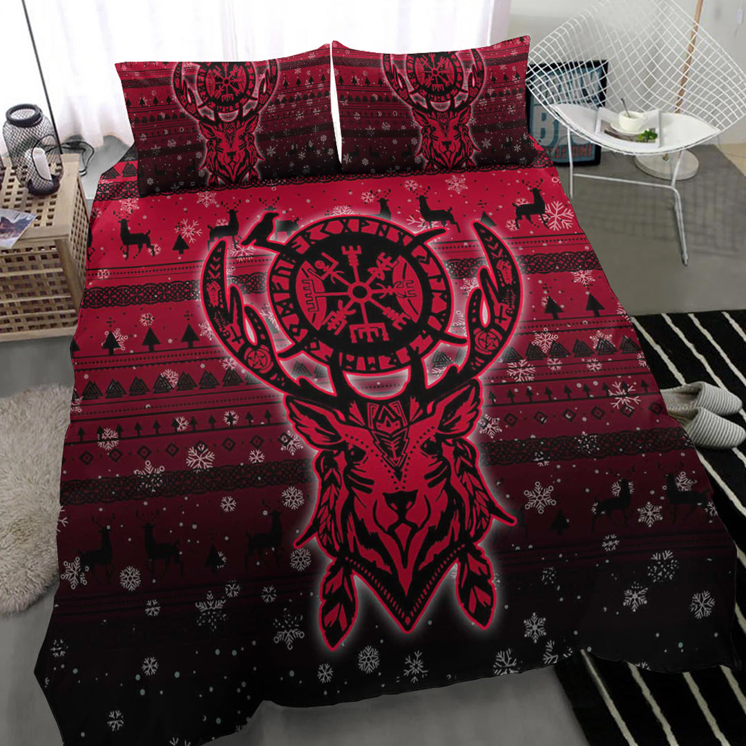 Viking Bedding Set Viking Reindeer Vegvisir Red