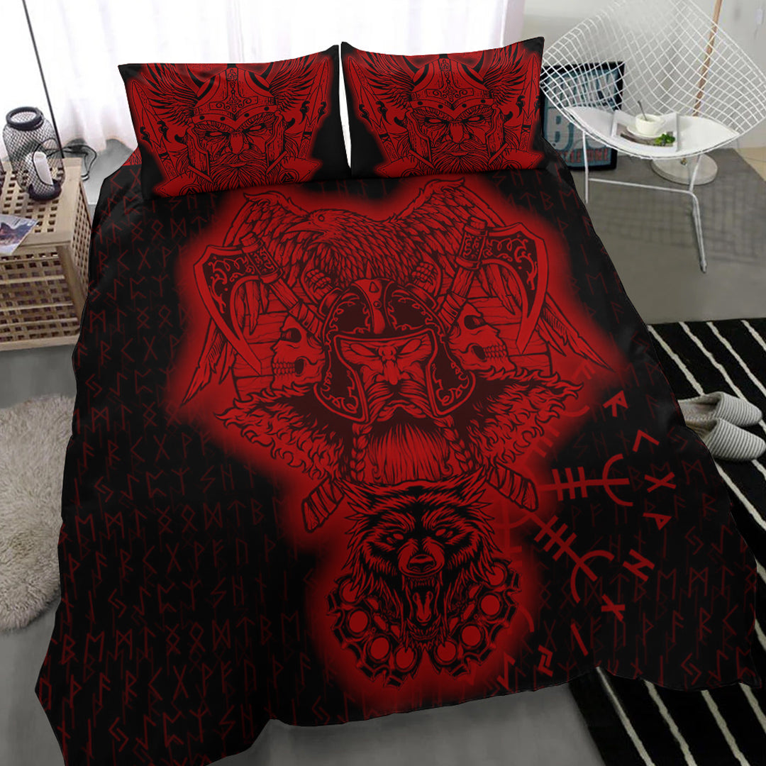 Viking Bedding Set Odin And Raven Wolf Red