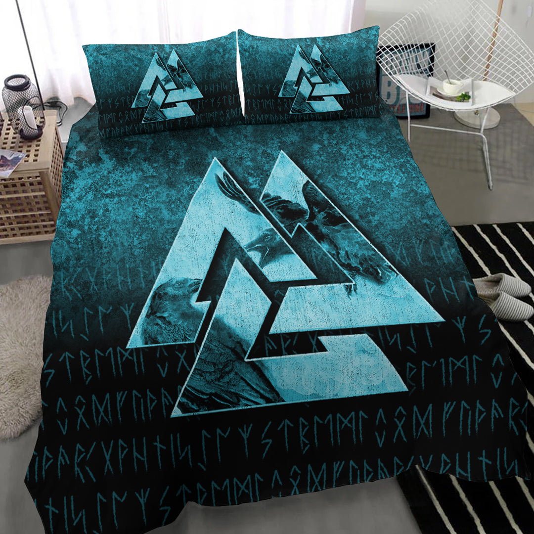 Viking Bedding Set Huginn Muninn Ravens from Odin Viking Cyan Version