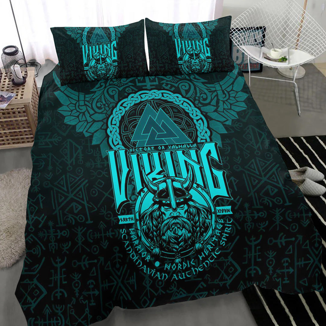 Viking Bedding Set Viking Warriors Valknut Cyan