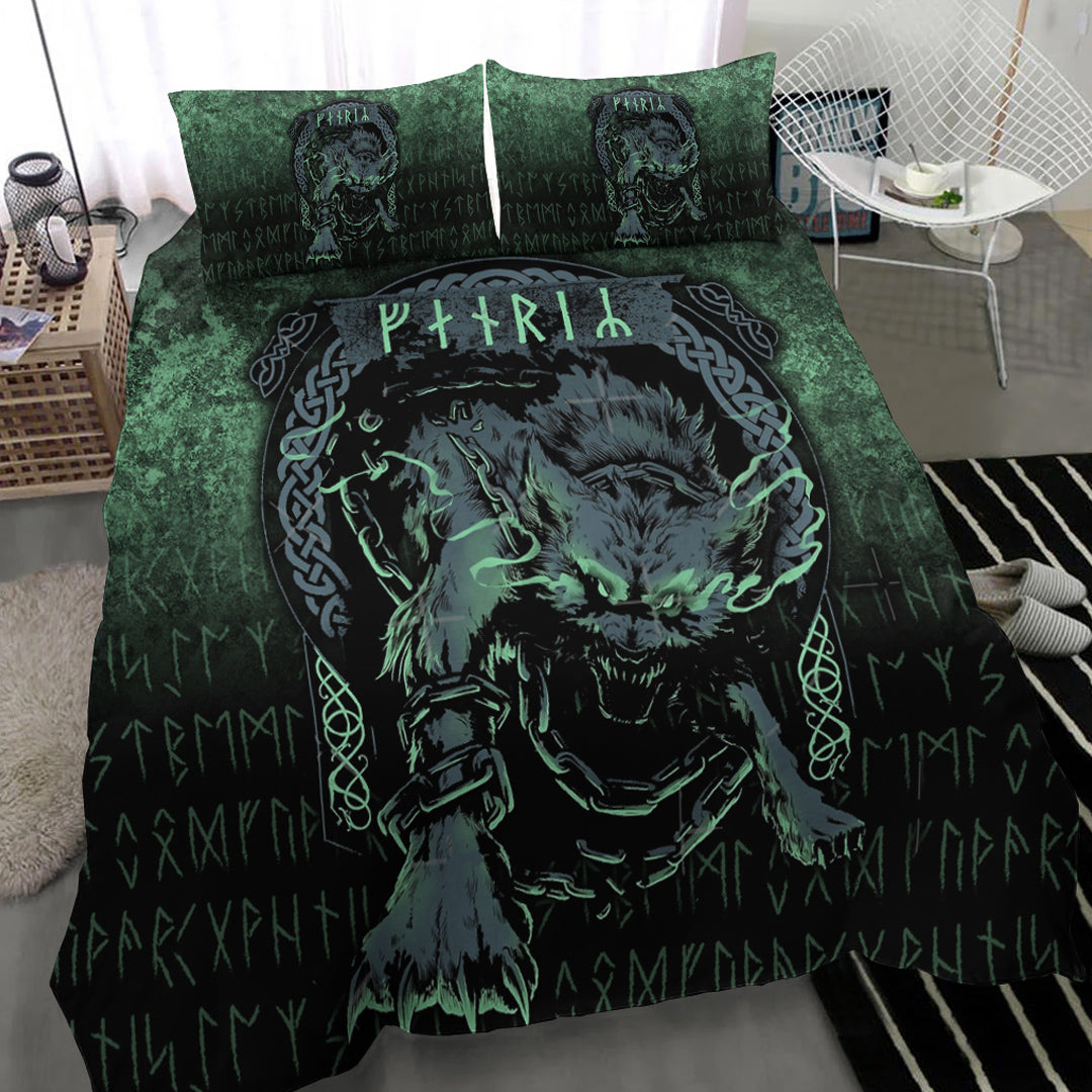 Viking Bedding Set Fenrir Wolf Norse Futhark Runes Viking Mythology Ragnarok Green