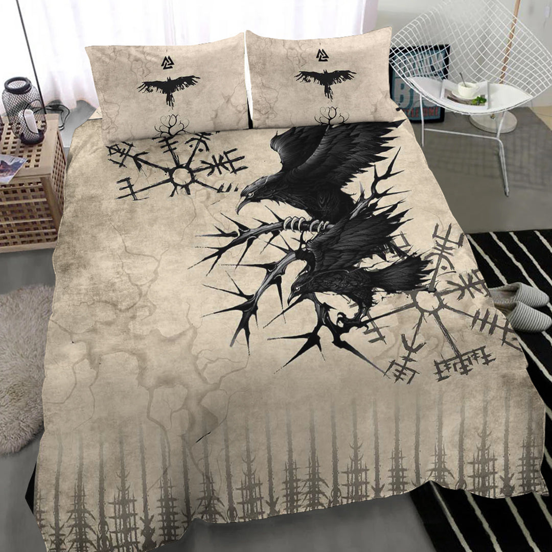 Viking Bedding Set Raven and Vegvisir Vintage Style