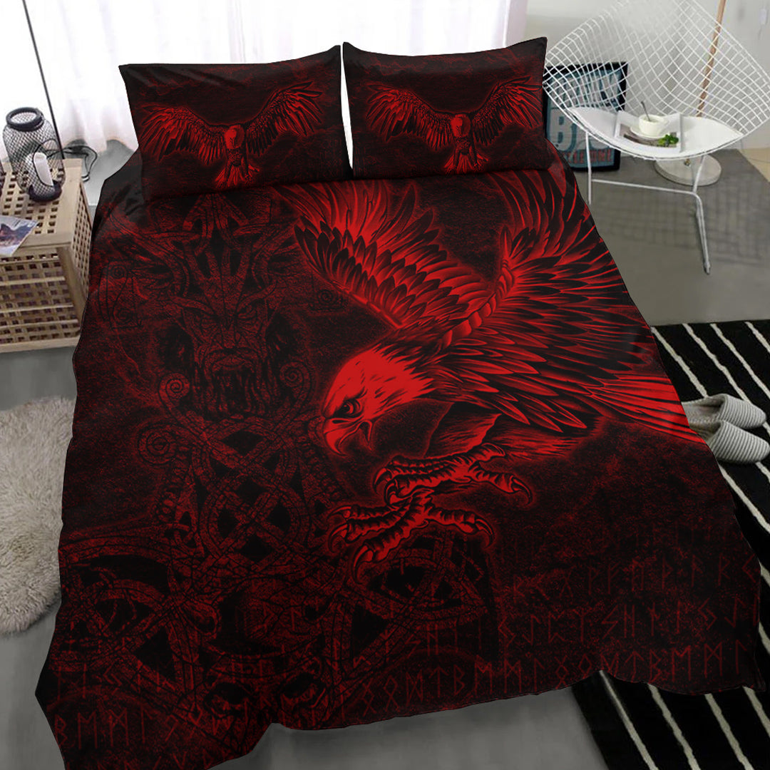 Viking Bedding Set Raven Mjolnir Red