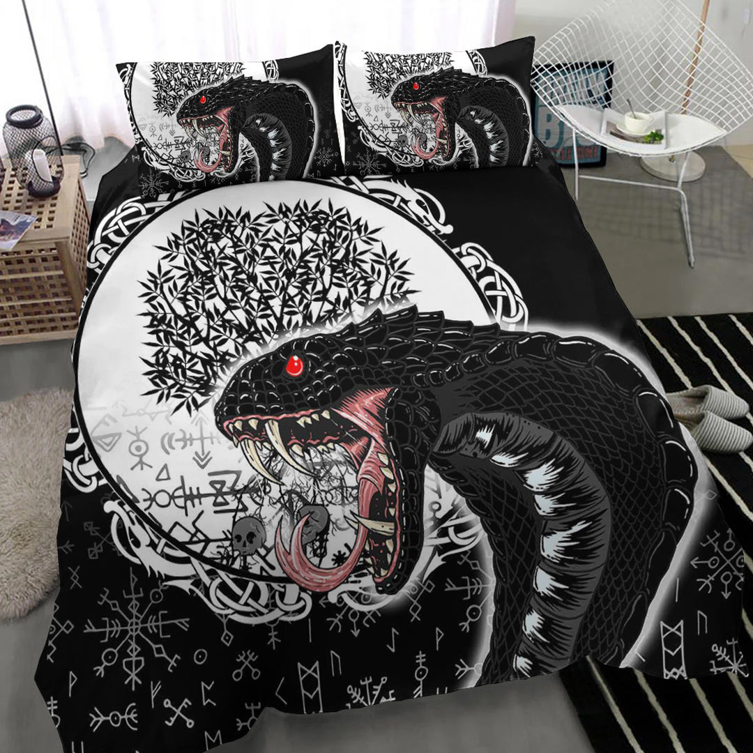 Viking Bedding Set Jomngandr and Yggdrasil Black and White