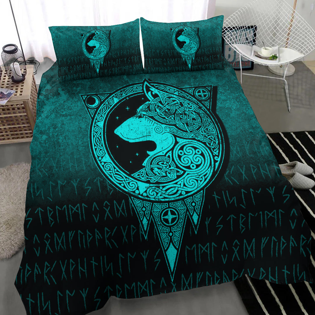 Viking Bedding Set Viking Norse Wolf Cyan Version