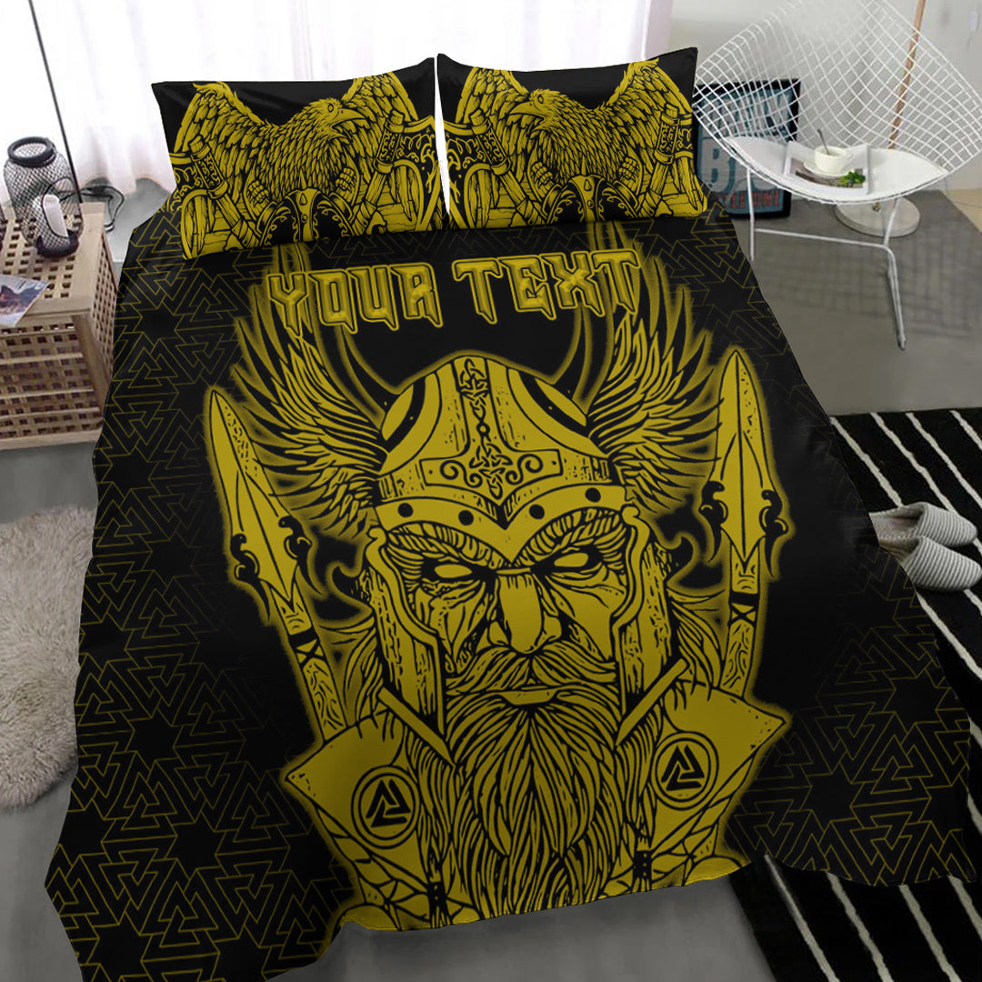 Viking Bedding Set Odin And Raven Gold Text