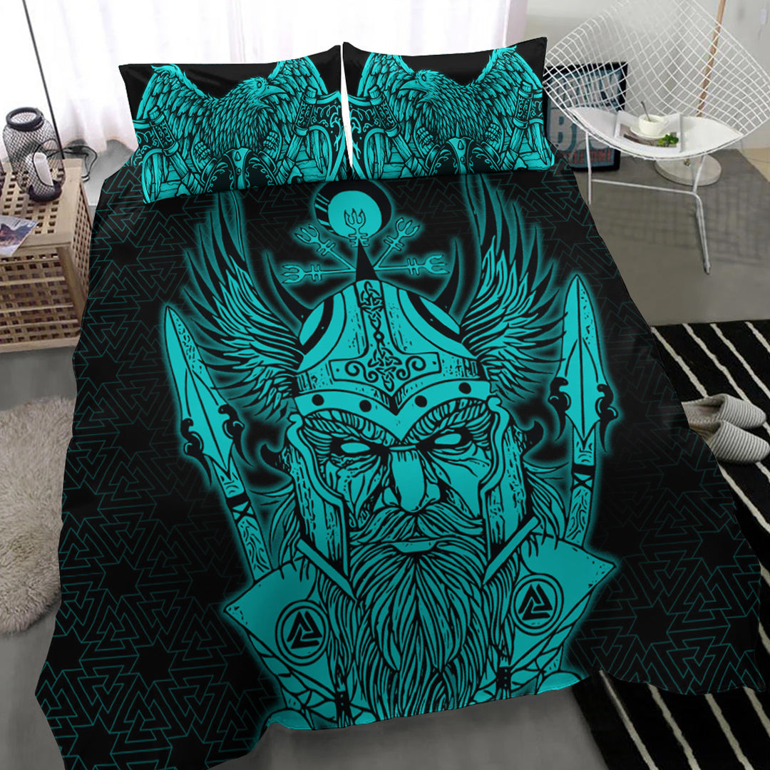 Viking Bedding Set Odin And Raven Turquoise Text Ver01