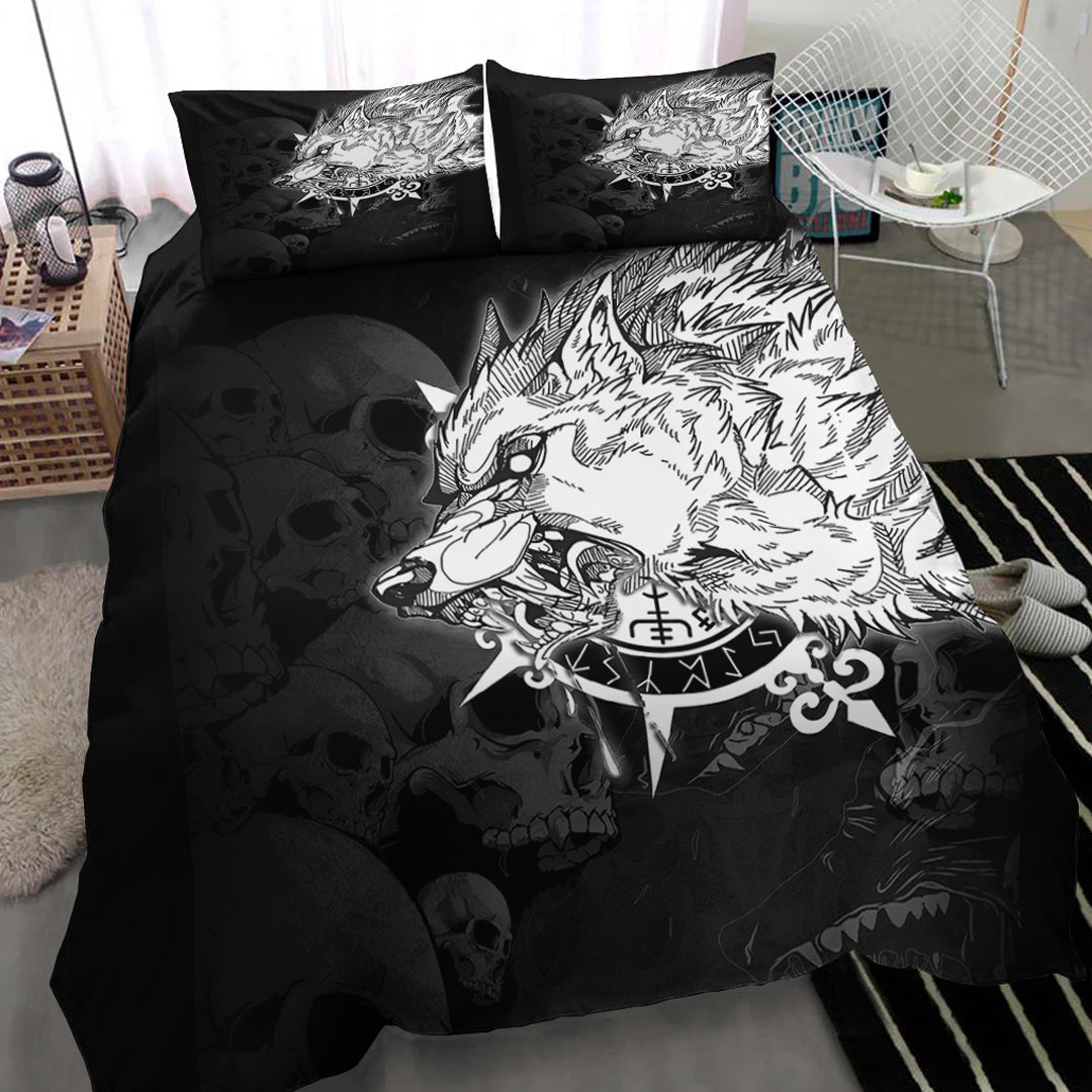 Viking Bedding Set Fenrir Wolf Skull and Sun Vegvisir