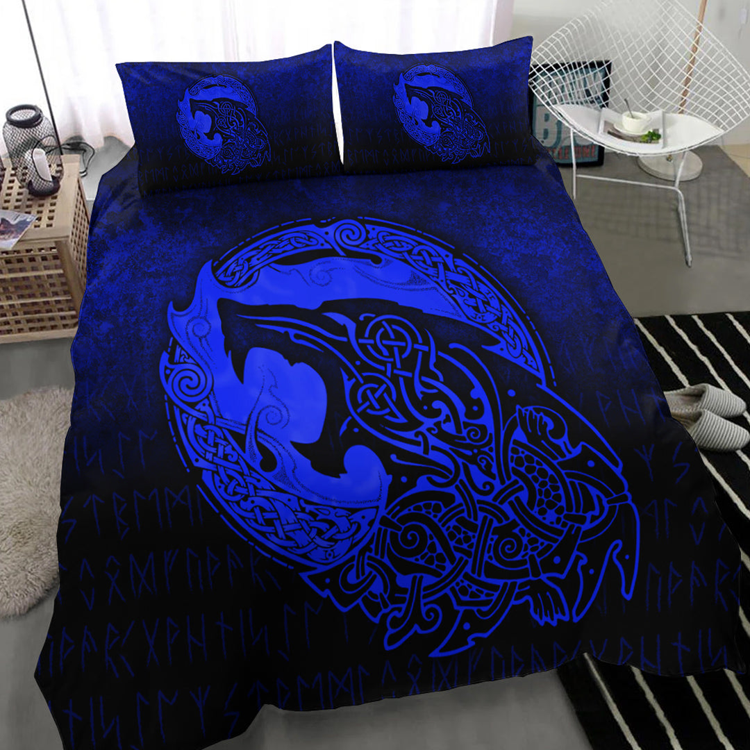 Viking Bedding Set Fenrir Viking 3D Tattoo Blue Version