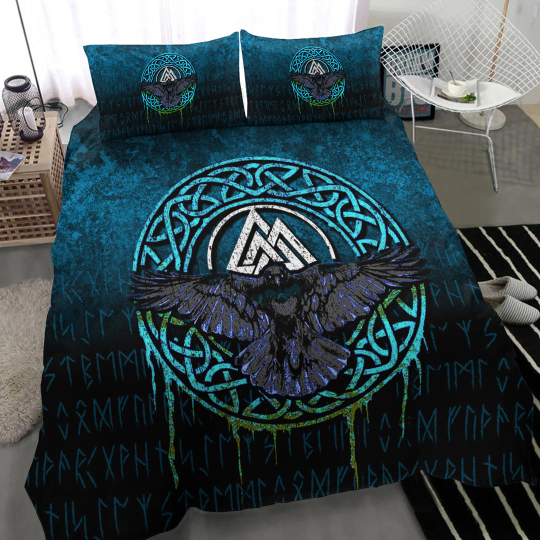 Viking Bedding Set Valhalla Norse Mythology Raven Black Crow Viking Cyan Version