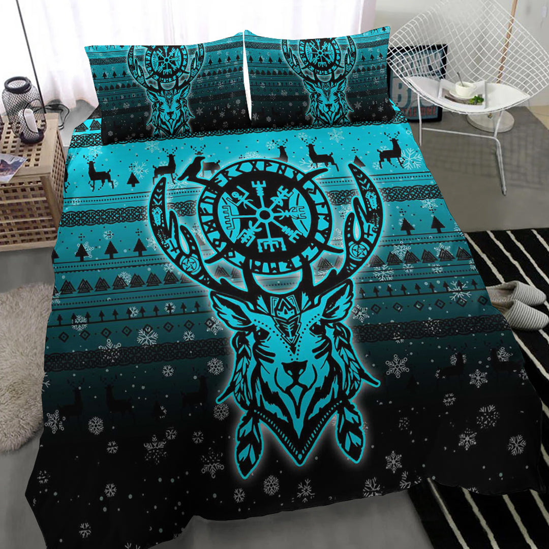 Viking Bedding Set Viking Reindeer Vegvisir Cyan