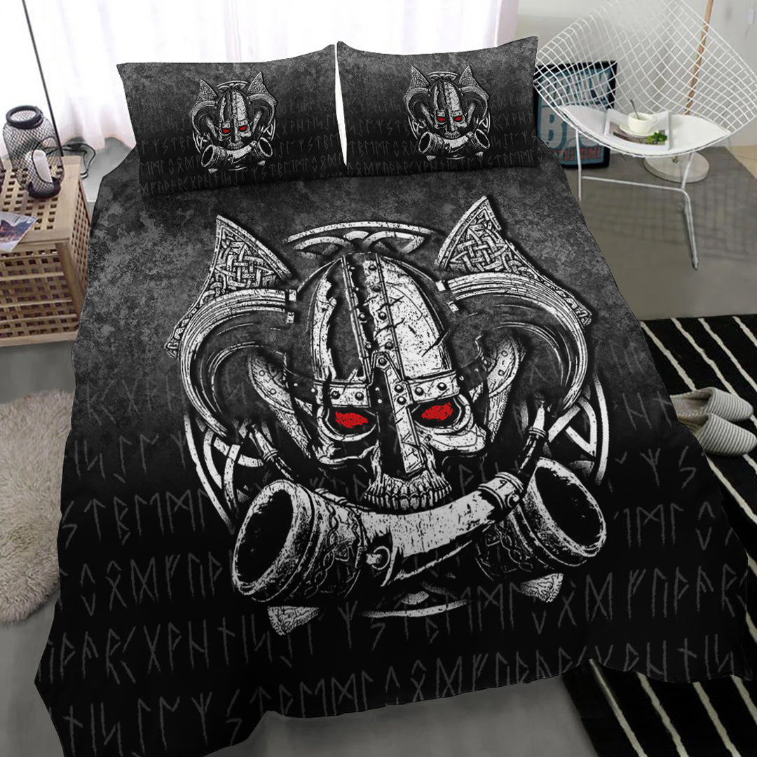 Viking Bedding Set Nordic Mythology Skull Mead Horn Warrior Runes Style