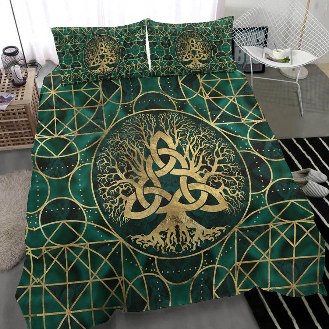 Viking Bedding Set Tree of Life with Triquetra Malachite and Gold