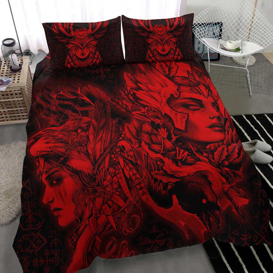 Viking Bedding Set Valkyries And Bear Raven Red Tree Cletic