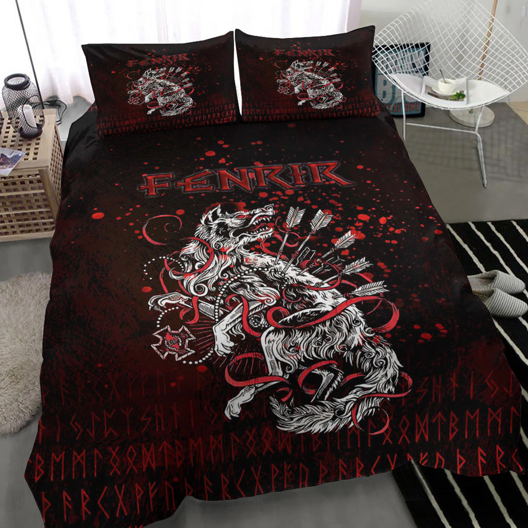 Viking Bedding Set Fenrir and Arrow on Blood Background