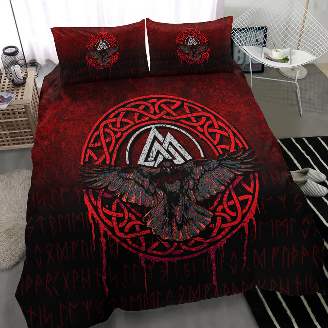 Viking Bedding Set Valhalla Norse Mythology Raven Black Crow Viking Red Version