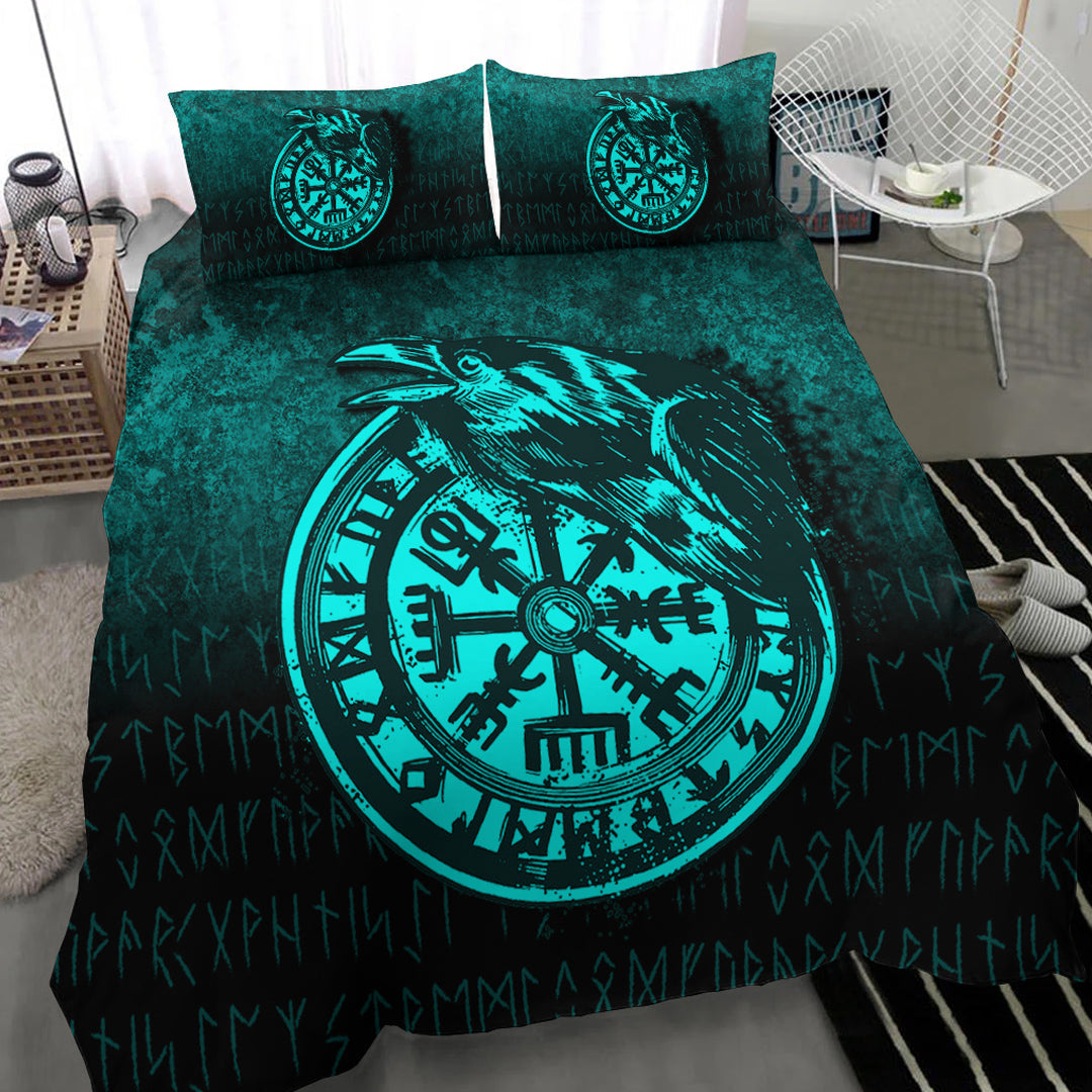 Viking Bedding Set Viking Vegvisir Rune with Crow Cyan Version