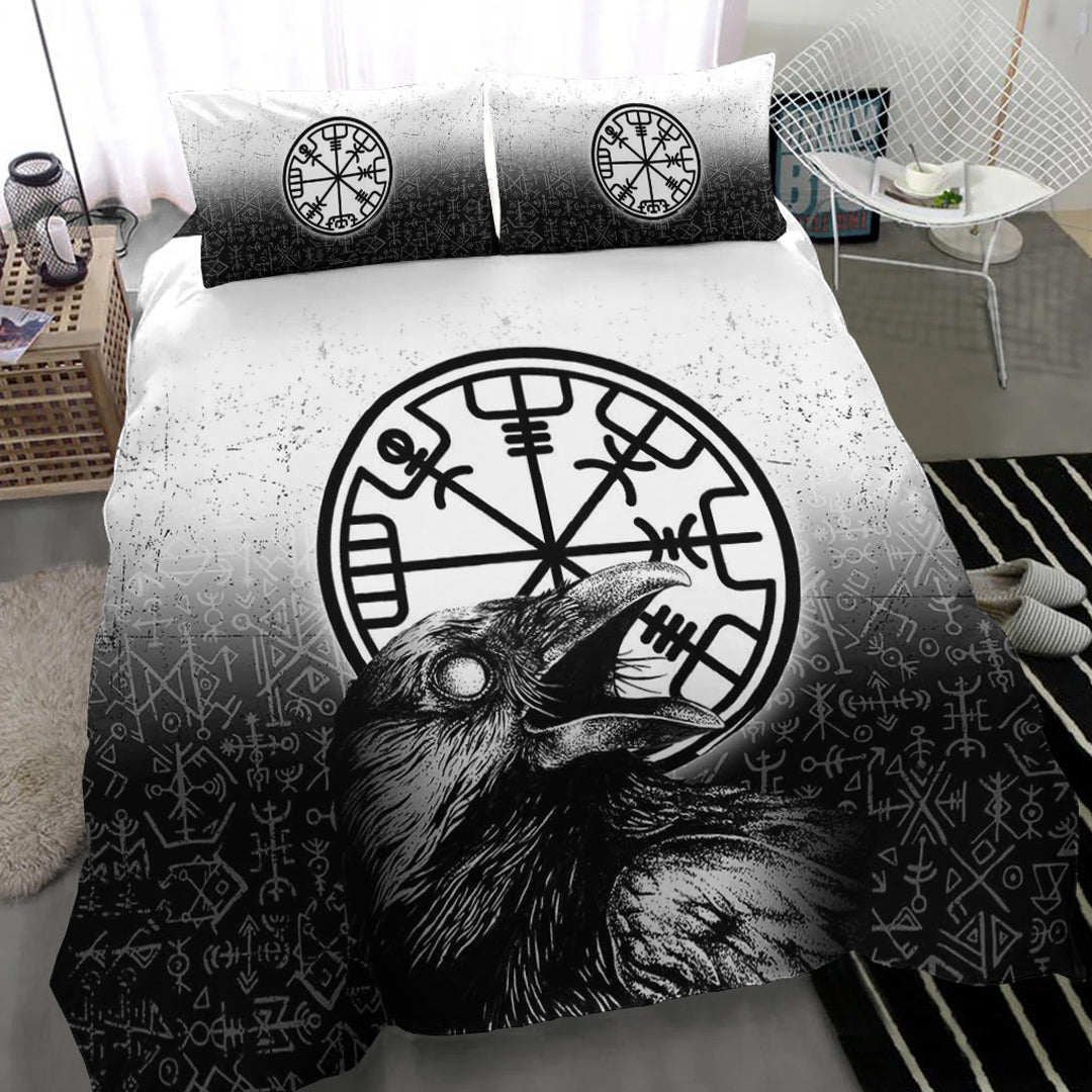 Viking Bedding Set Viking Raven Black and White Vegvisir