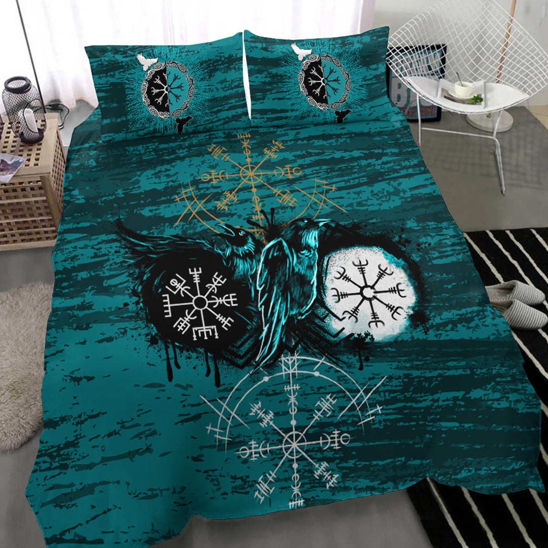 Viking Bedding Set Raven of Odin and Symbol Viking Style Cyan