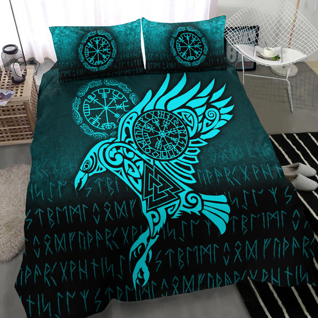 Viking Bedding Set Raven Vegvisir Tattoo Cyan Version