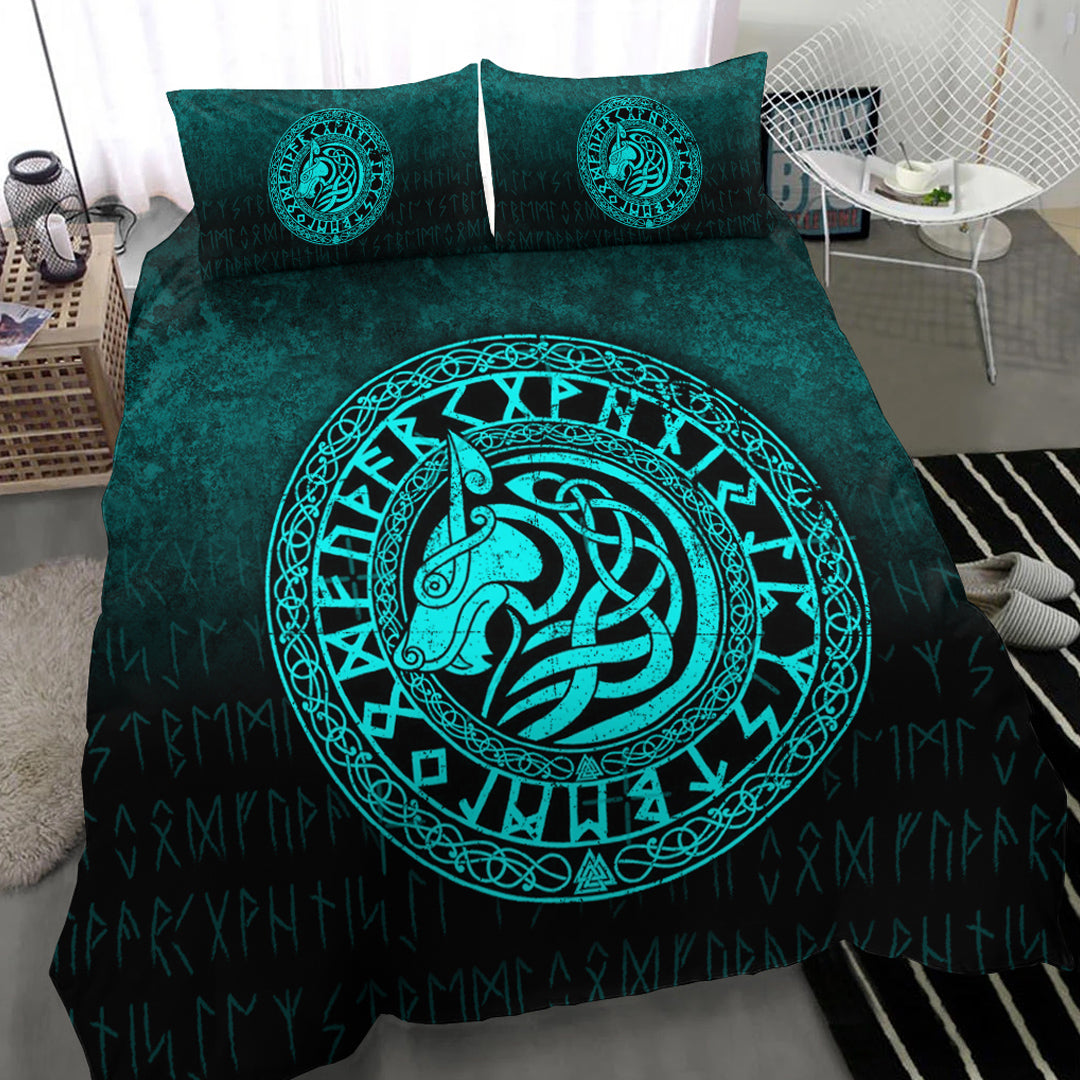 Viking Bedding Set Viking Wolf Cyan Version