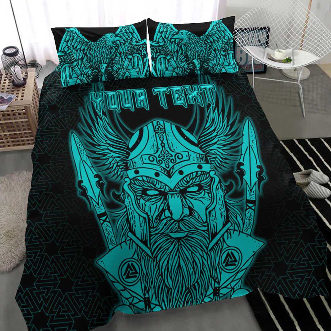 Viking Bedding Set Odin And Raven Turquoise Text Ver02