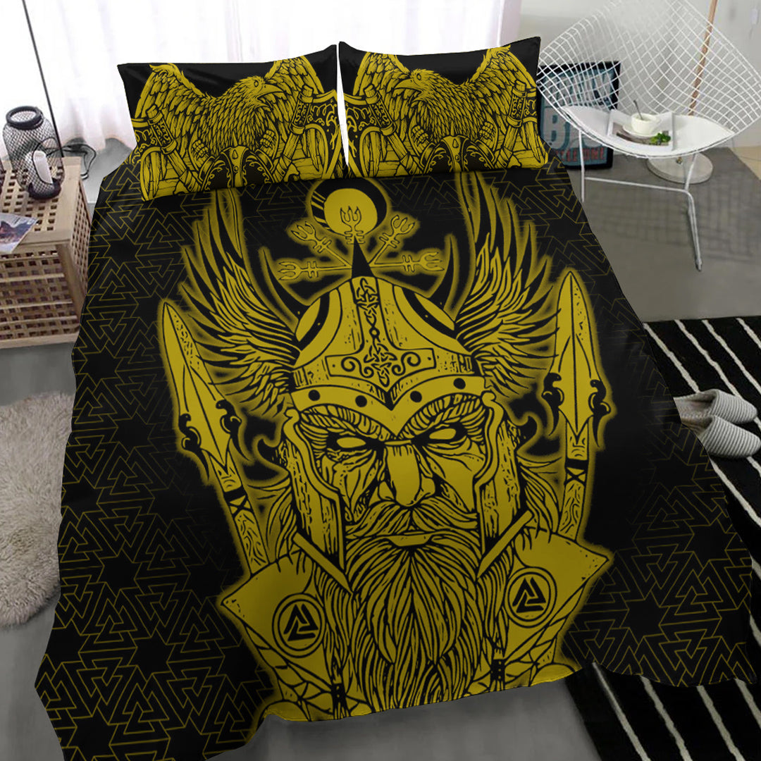 Viking Bedding Set Odin And Raven Gold