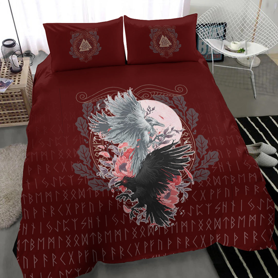 Viking Bedding Set Raven Black and White Red Yggdrasil HS