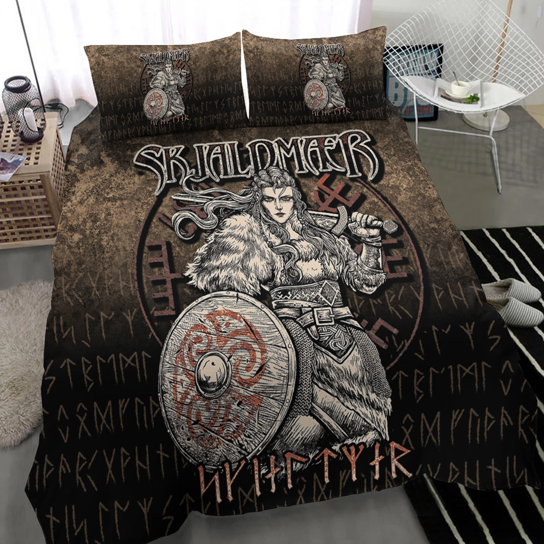 Viking Bedding Set Skjaldmaer Shieldmaiden Norse Younger Futhark Runes Female Viking Warrior Vegvisir