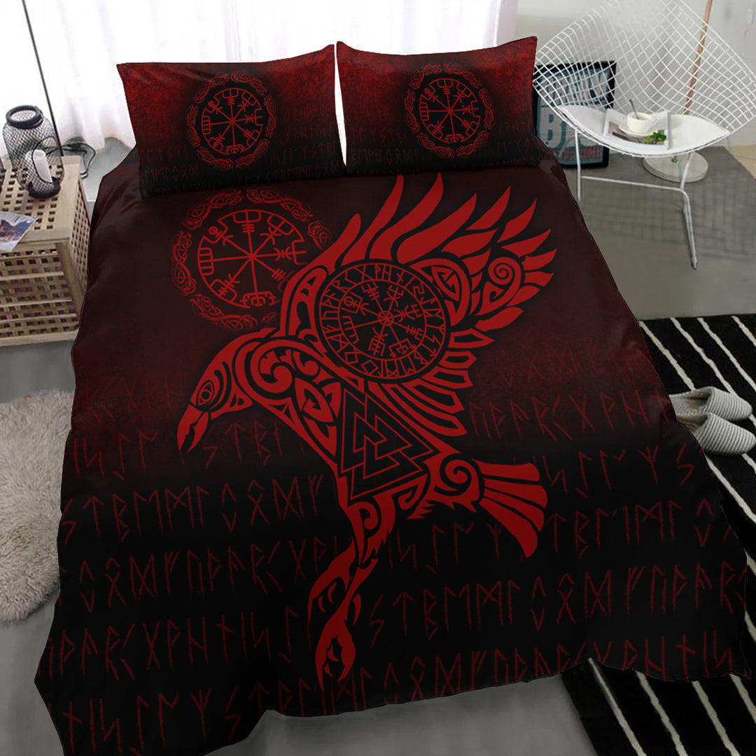 Viking Bedding Set Raven Vegvisir Tattoo Red Version