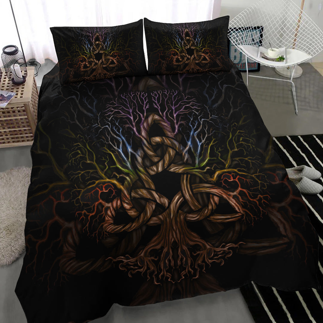 Viking Bedding Set Colorful Tree of Life With Triquetra