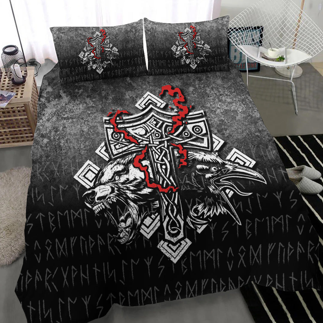 Viking Bedding Set Thor Hammer Mjolnir Rune Protection Odin Raven Style