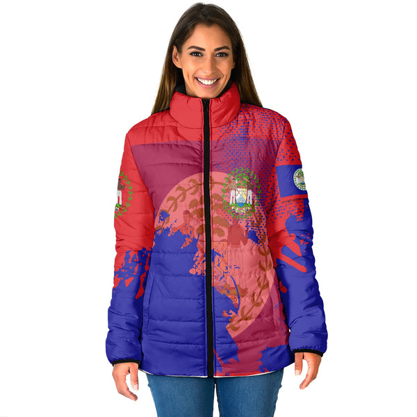 Belize Women Padded Jacket Flag & Coat Of Arms Paint Style