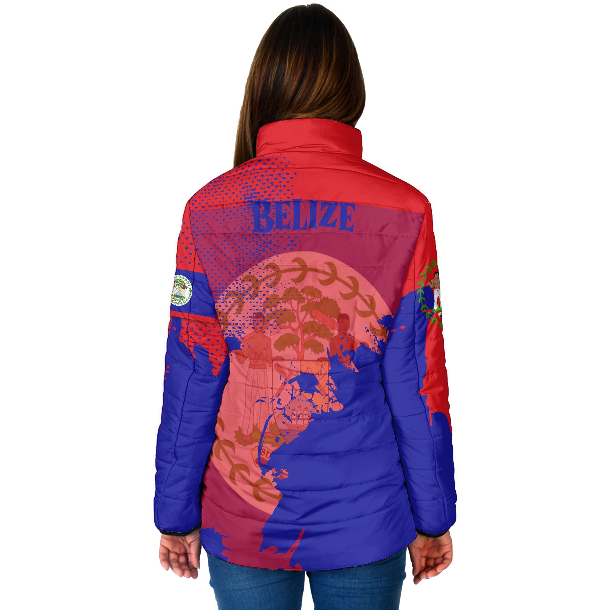 Belize Women Padded Jacket Flag & Coat Of Arms Paint Style