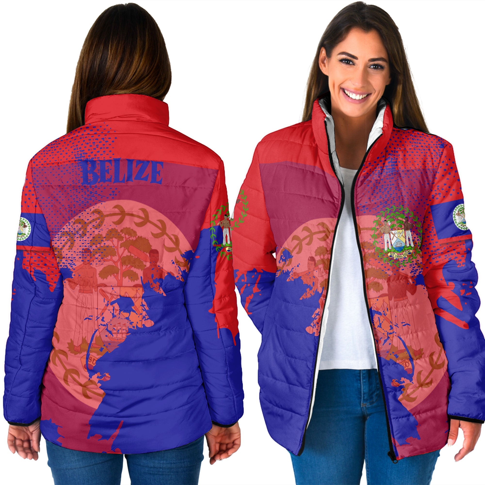 Belize Women Padded Jacket Flag & Coat Of Arms Paint Style