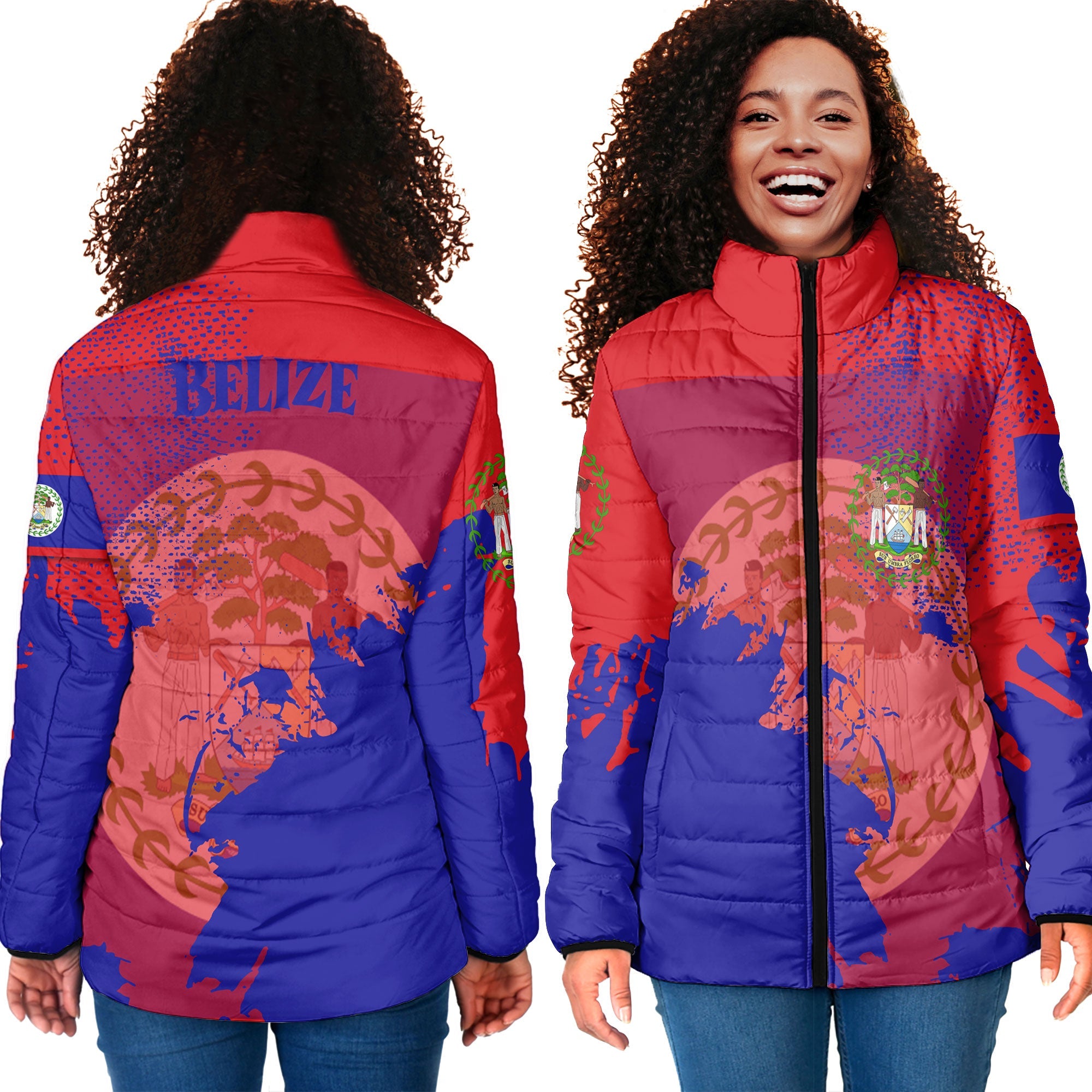 Belize Women Padded Jacket Flag & Coat Of Arms Paint Style