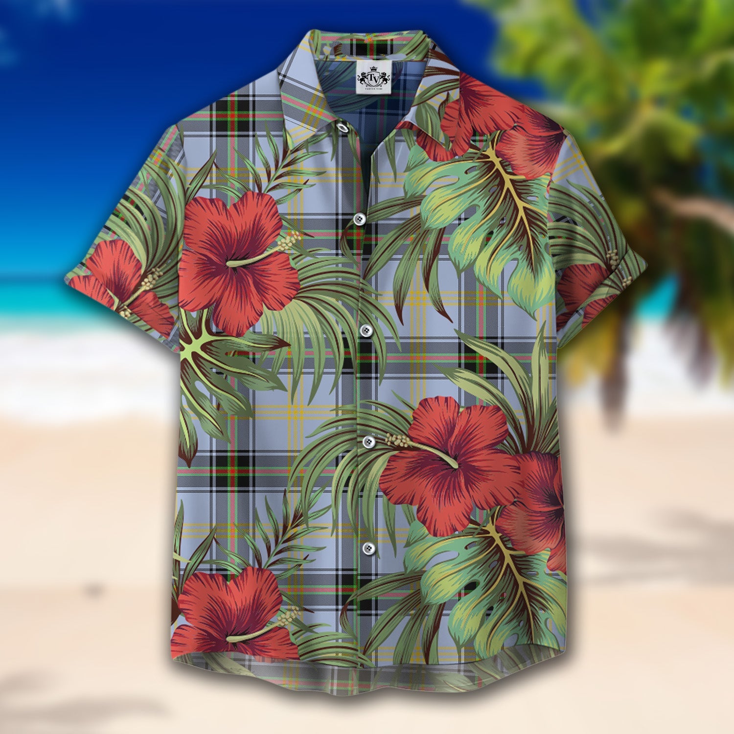 Scottish Tartan Bell Clan Hawaiian Shirt Hibiscus - Tropical Garden Style