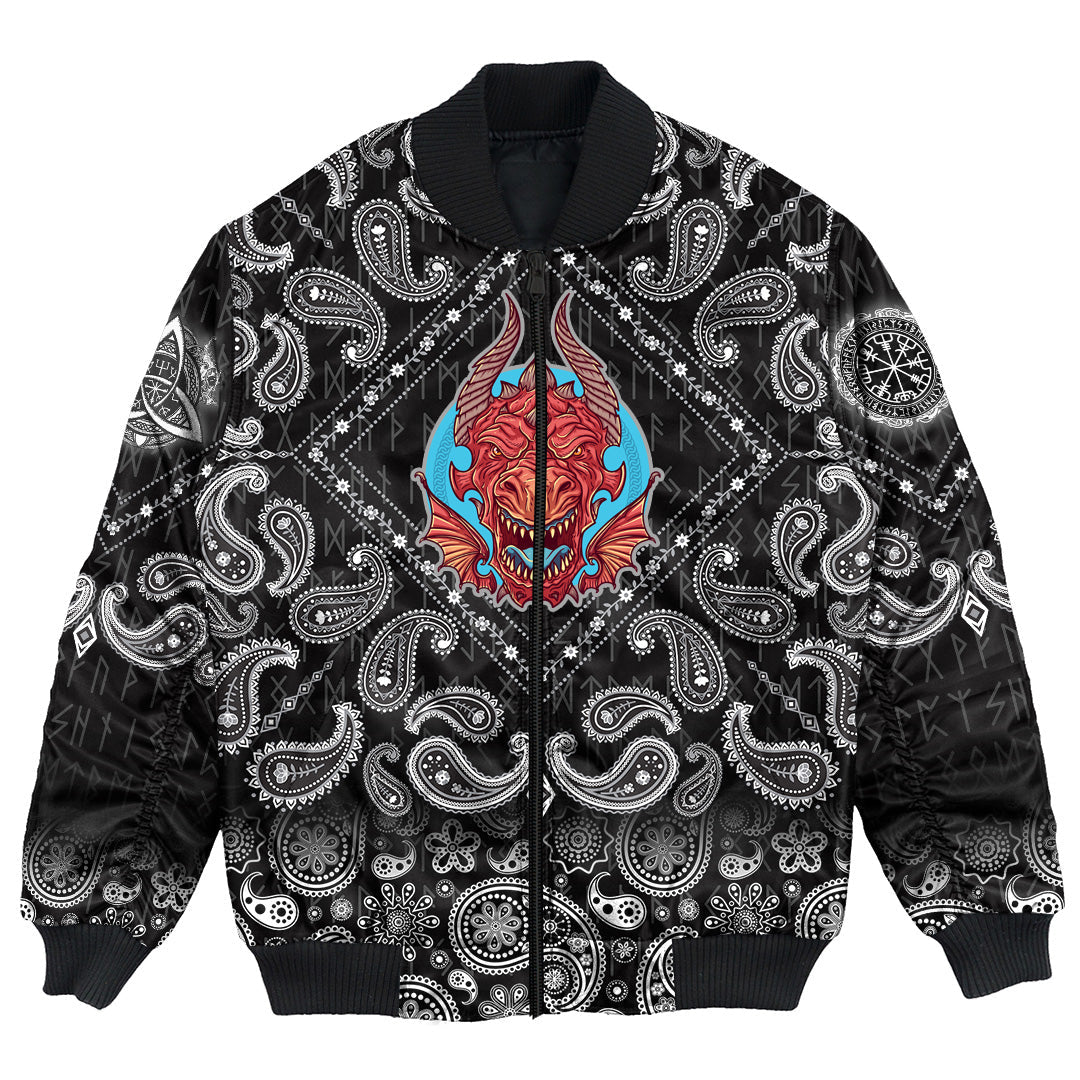 Viking Bomber Jacket Big Angry Red Dragon with Bandana Paisley Style