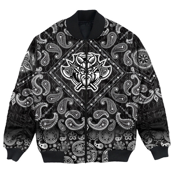 Viking Bomber Jacket Black And White Head With Shield And Axe with Bandana Paisley Style