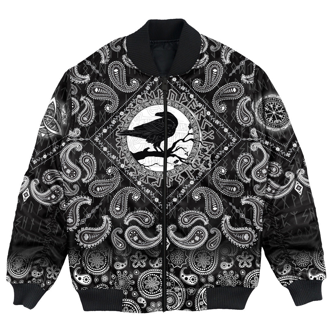 Viking Bomber Jacket Black Crow Sitting On Branch Of An Oak Tree with Bandana Paisley Style