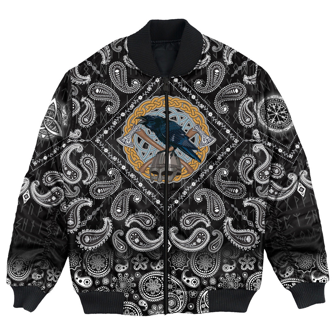 Viking Bomber Jacket Black Crow Sitting On Helmet With Two Crossed Axes with Bandana Paisley Style