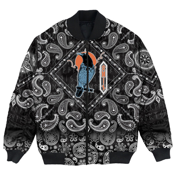 Viking Bomber Jacket Black Raven Sky Rune with Bandana Paisley Style