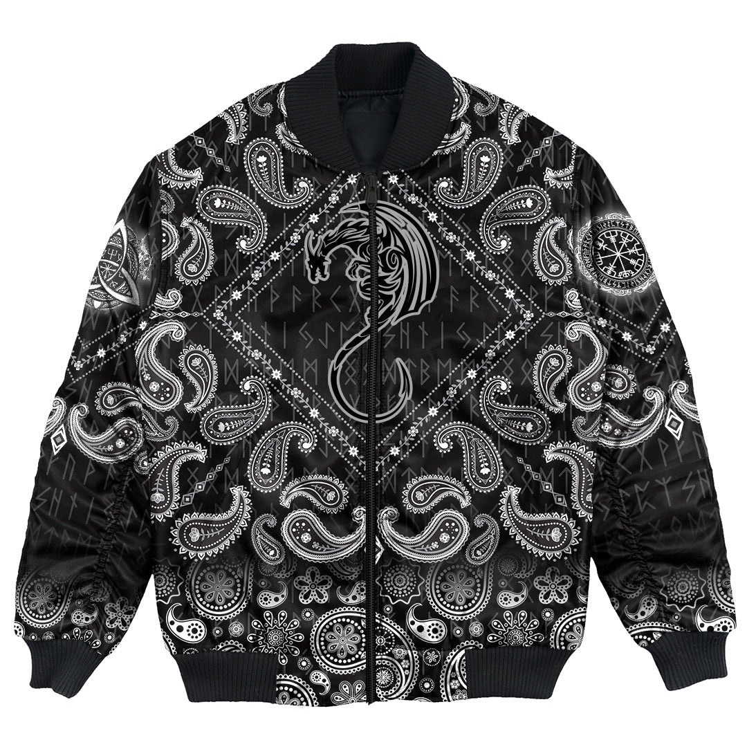 Viking Bomber Jacket Black Winged Dragon Spirit Of Celts with Bandana Paisley Style