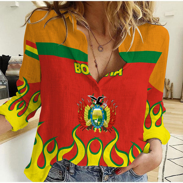 Bolivia Women Casual Shirt Flag & Coat Of Arms Fire Hockey Style