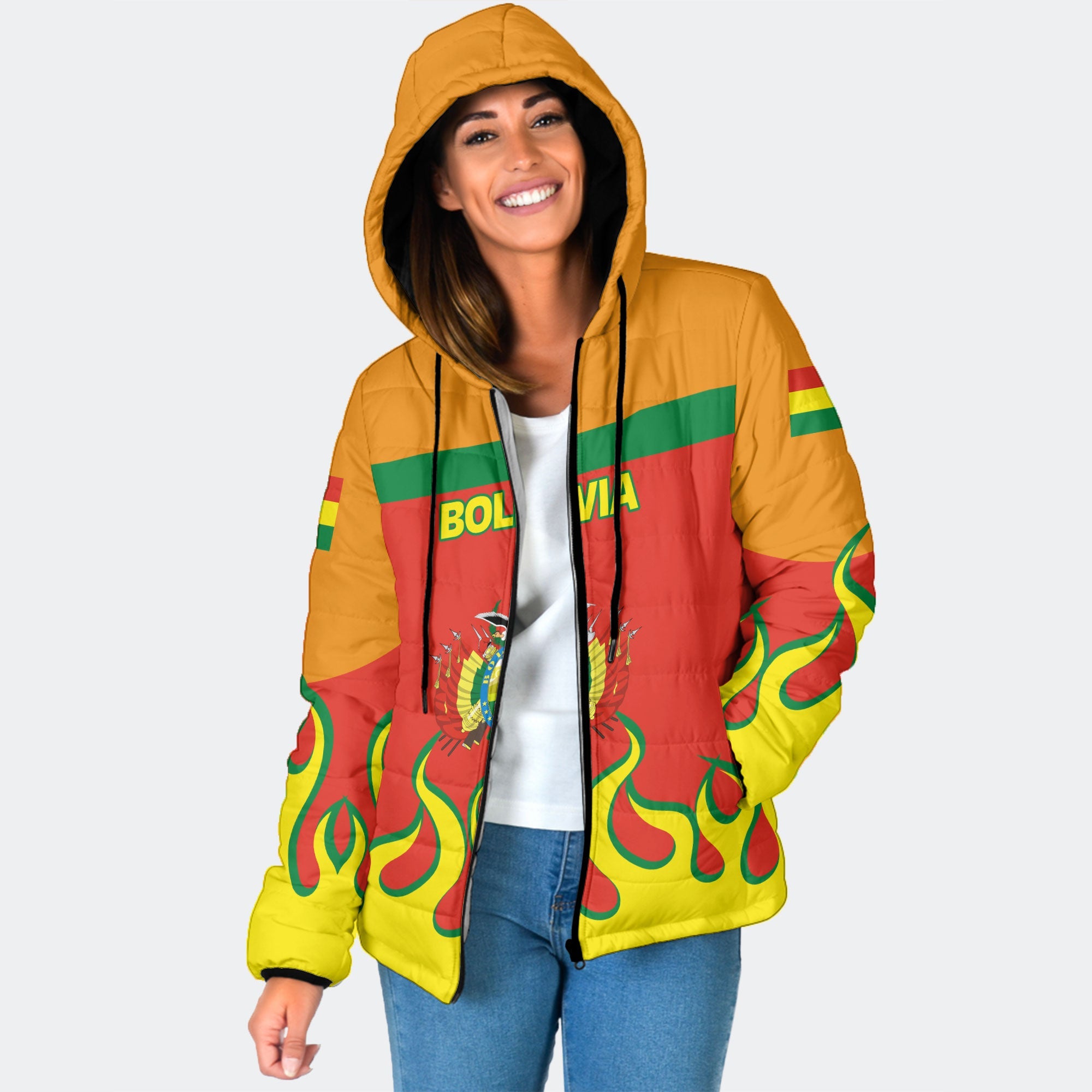 Bolivia Women Hooded Padded Jacket Flag & Coat Of Arms Fire Hockey Style