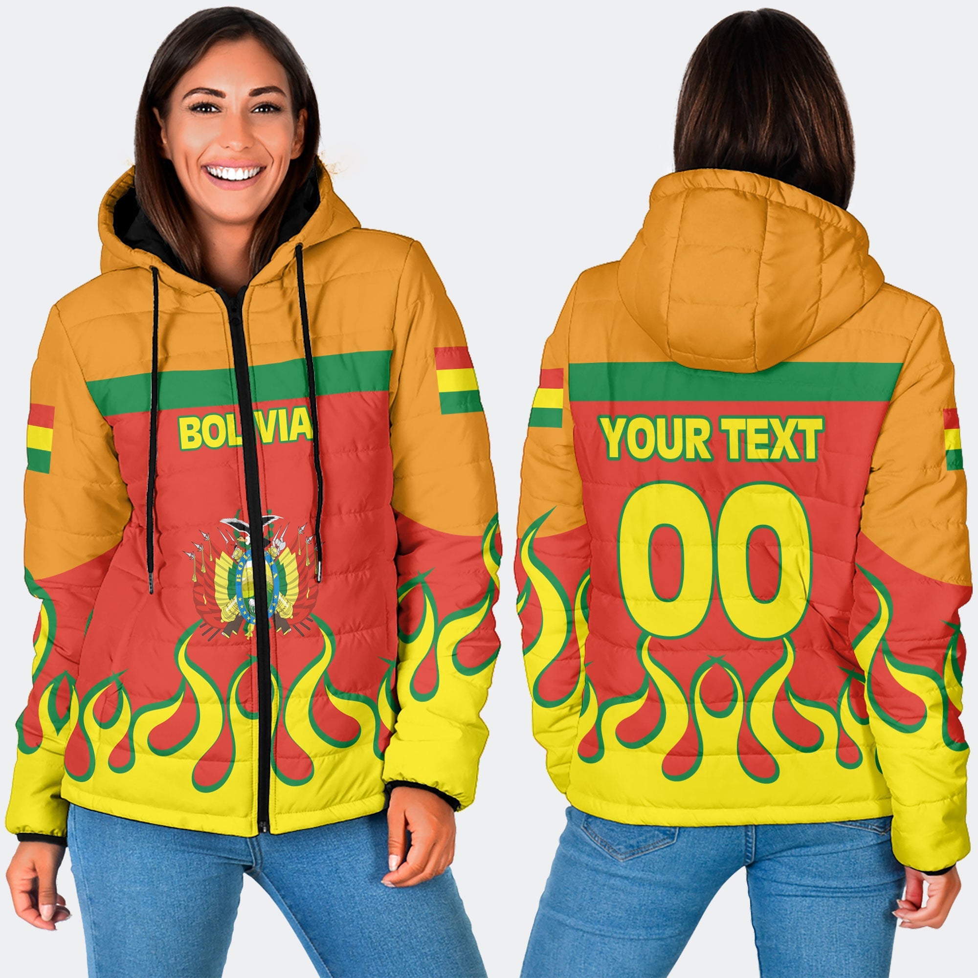 Bolivia Women Hooded Padded Jacket Flag & Coat Of Arms Fire Hockey Style