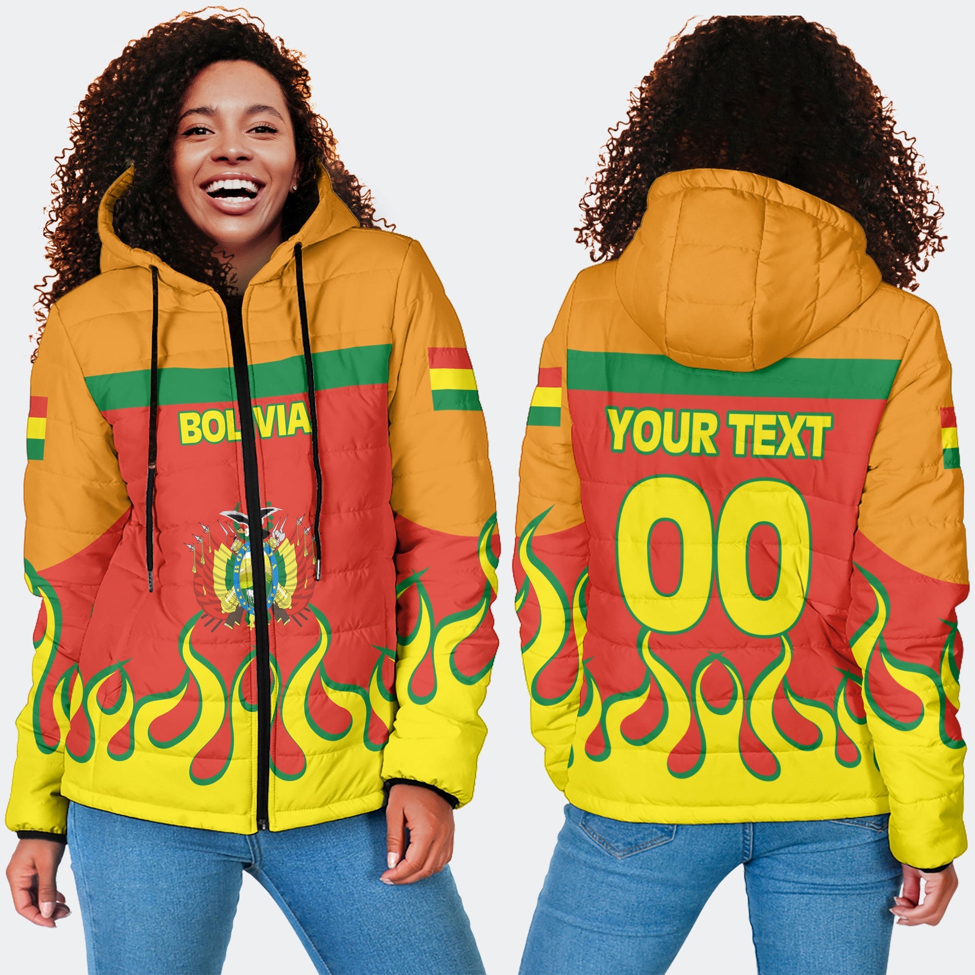 Bolivia Women Hooded Padded Jacket Flag & Coat Of Arms Fire Hockey Style