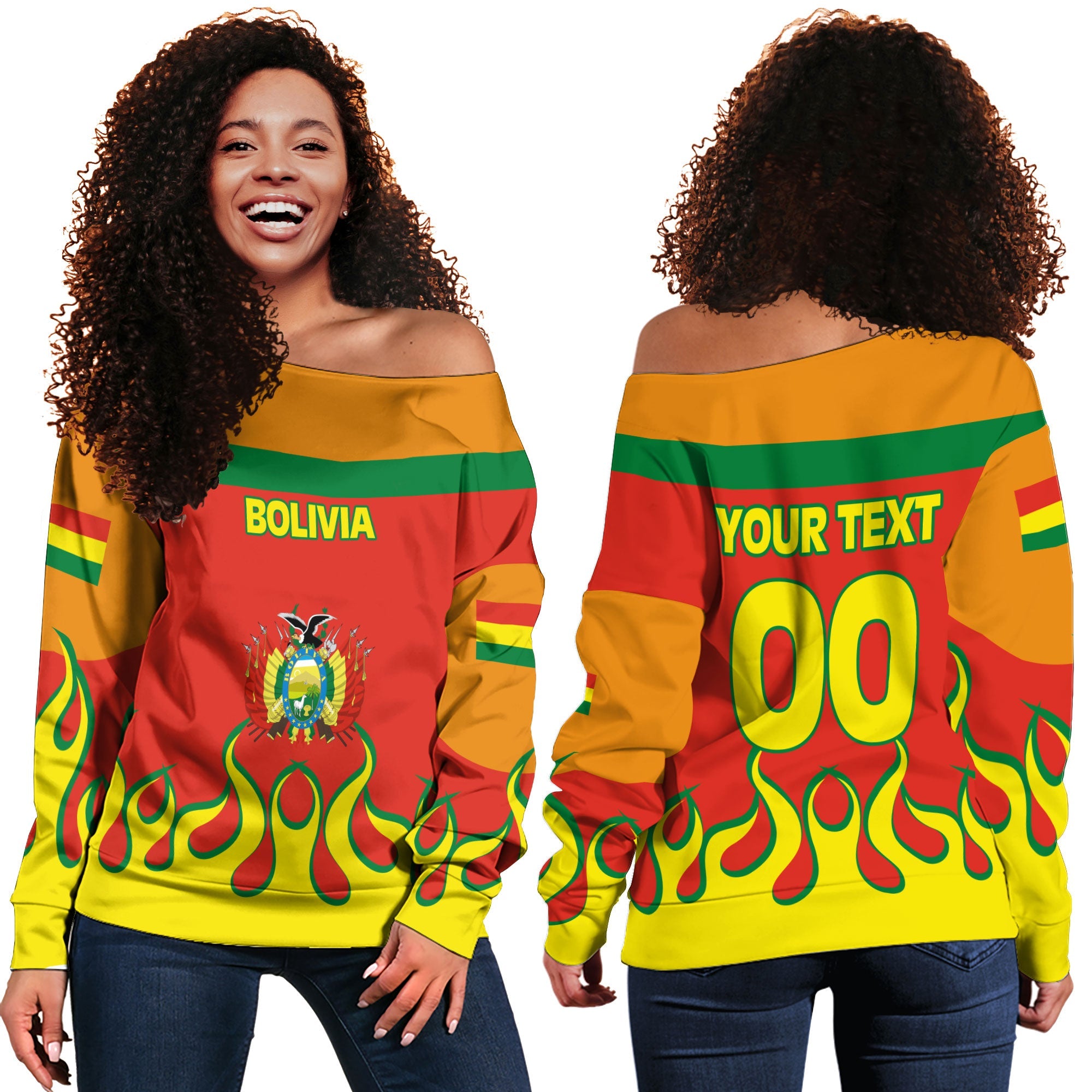 Bolivia Women Off Shoulder Sweatshirt Flag & Coat Of Arms Fire Hockey Style